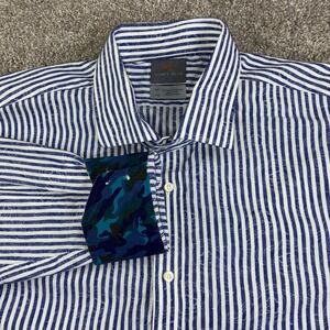 Thomas Dean Mens XXL Blue White Vertical Stripe Camo Trim Flip Cuffs Dress Shirt